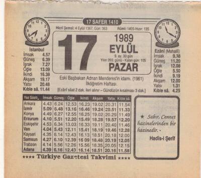 17 Eylül 1989 Takvim Yaprağı EFM(N)2855 - 3