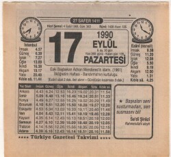 17 Eylül 1990 Takvim Yaprağı EFM(N)2872 - 3