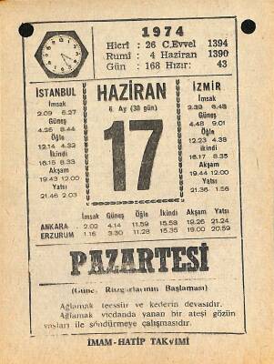 17 Haziran 1974 Takvim Yaprağı - Doğum Günü Hediyesi EFM(N)11958 - 1