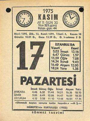 17 Kasım 1975 Takvim Yaprağı - Doğum Günü Hediyesi EFM(N)12591 - 1