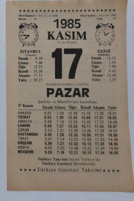 17 Kasım 1985 Takvim Yaprağı - Doğum Günü Hediyesi EFM(N)6693 - 1