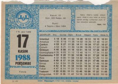 17 Kasım 1988 Takvim Yaprağı EFM(N)3447 - 1