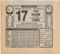 17 Kasım 1989 Takvim Yaprağı EFM(N)3477 - 3