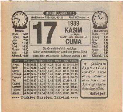 17 Kasım 1989 Takvim Yaprağı EFM(N)3477 - 2