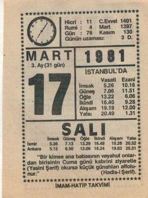 17 Mart 1981 Takvim Yaprağı EFM(N)6019 - 3