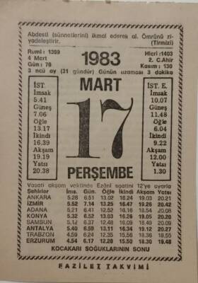 17 Mart 1983 Takvim Yaprağı - Doğum Günü Hediyesi EFM(N)7931 - 1