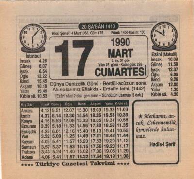 17 Mart 1990 Takvim Yaprağı EFM(N)5989 - 3