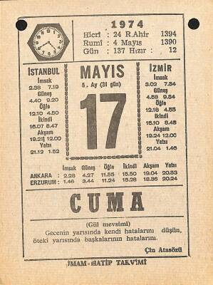 17 Mayıs 1974 Takvim Yaprağı - Doğum Günü Hediyesi EFM(N)12331 - 1