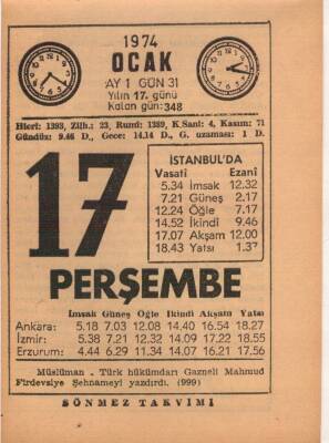 17 Ocak 1974 Takvim Yaprağı EFM(N)4880 - 1