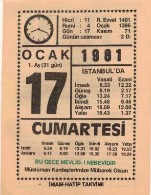 17 Ocak 1981 Takvim Yaprağı EFM(N)4663 - 1