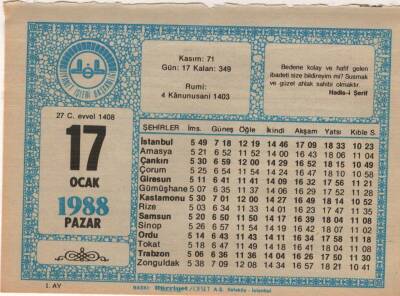 17 Ocak 1988 Takvim Yaprağı EFM(N)4911 - 1