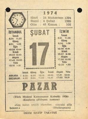 17 Şubat 1974 Takvim Yaprağı - Doğum Günü Hediyesi EFM(N)12270 - 1