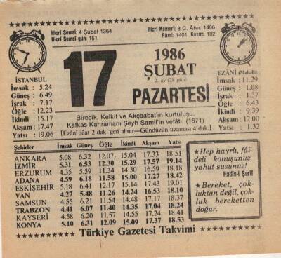 17 Şubat 1986 Takvim Yaprağı EFM(N)5228 - 1