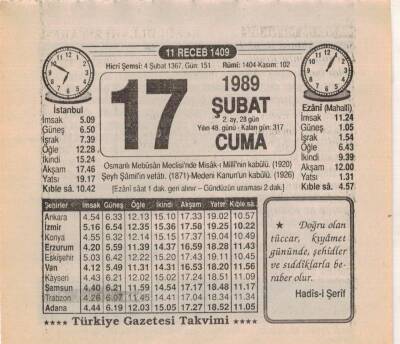 17 Şubat 1989 Takvim Yaprağı EFM(N)5369 - 1