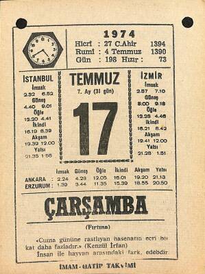 17 Temmuz 1974 Takvim Yaprağı - Doğum Günü Hediyesi EFM(N)12114 - 1