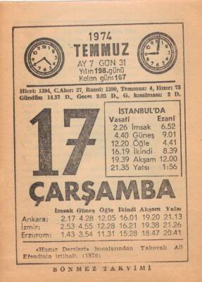 17 Temmuz 1974 Takvim Yaprağı EFM(N)2031 - 2