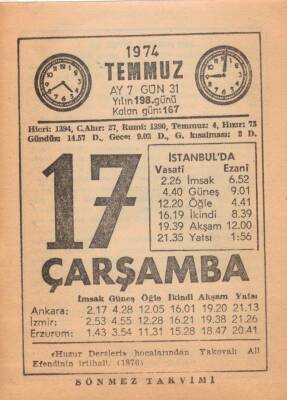 17 Temmuz 1974 Takvim Yaprağı EFM(N)2031 - 1