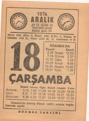 18 Aralık 1974 Takvim Yaprağı EFM(N)4300 - 3