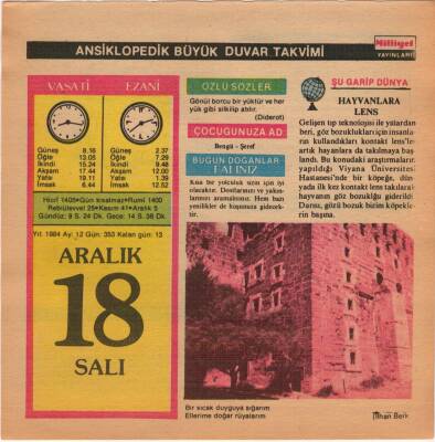 18 Aralık 1984 Takvim Yaprağı EFM(N)4084 - 3