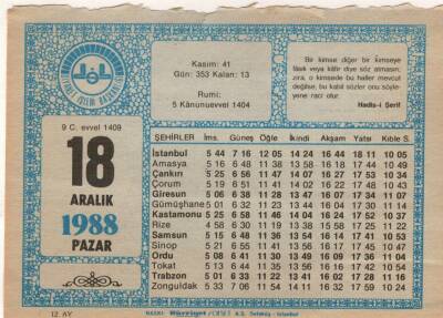 18 Aralık 1988 Takvim Yaprağı EFM(N)4484 - 2