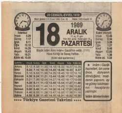 18 Aralık 1989 Takvim Yaprağı EFM(N)4208 - 3