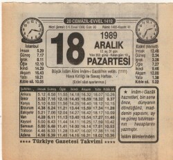 18 Aralık 1989 Takvim Yaprağı EFM(N)4208 - 2