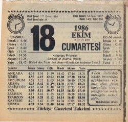 18 Ekim 1986 Takvim Yaprağı EFM(N)3081 - 3