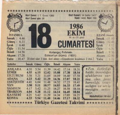 18 Ekim 1986 Takvim Yaprağı EFM(N)3081 - 1