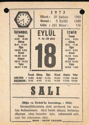 18 Eylül 1973 Takvim Yaprağı - Doğum Günü Hediyesi EFM(N)9864 - 1