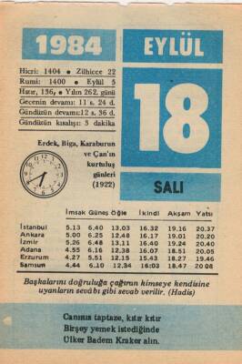 18 Eylül 1984 Takvim Yaprağı EFM(N)2788 - 3