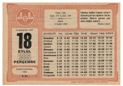 18 Eylül 1986 Takvim Yaprağı EFM1058 - 1