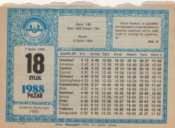 18 Eylül 1988 Takvim Yaprağı EFM(N)2907 - 3