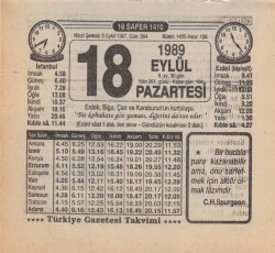 18 Eylül 1989 Takvim Yaprağı EFM(N)2856 - 3