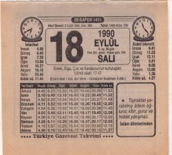 18 Eylül 1990 Takvim Yaprağı EFM(N)2873 - 3