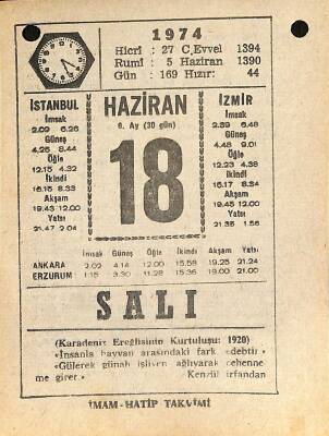 18 Haziran 1974 Takvim Yaprağı - Doğum Günü Hediyesi EFM(N)11957 - 1