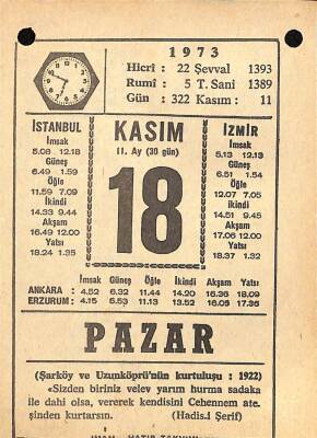 18 Kasım 1973 Takvim Yaprağı - Doğum Günü Hediyesi EFM(N)10721 - 2