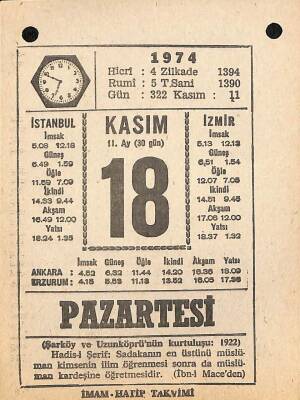 18 Kasım 1974 Takvim Yaprağı - Doğum Günü Hediyesi EFM(N)10780 - 4