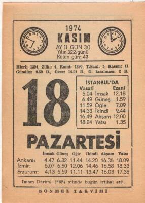 18 Kasım 1974 Takvim Yaprağı EFM(N)3328 - 3