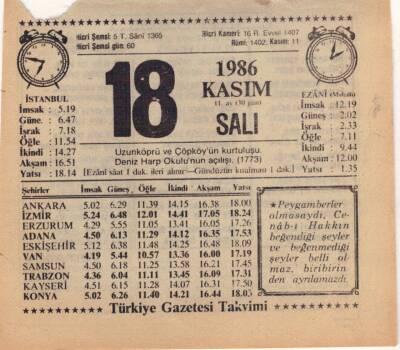 18 Kasım 1986 Takvim Yaprağı EFM(N)3418 - 3