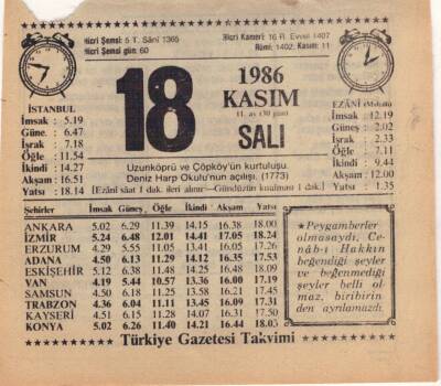 18 Kasım 1986 Takvim Yaprağı EFM(N)3418 - 2