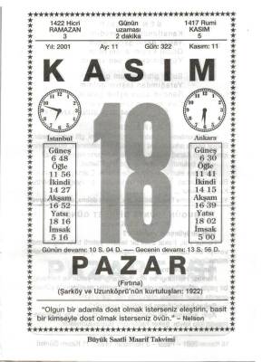 18 Kasım 2001 Takvim Yaprağı Doğum Günü Hediyesi EFM(N)4013 - 3