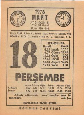 18 Mart 1976 Takvim Yaprağı EFM(N)5959 - 2