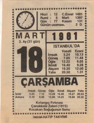 18 Mart 1981 Takvim Yaprağı EFM(N)6020 - 2