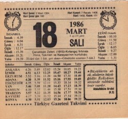 18 Mart 1986 Takvim Yaprağı EFM(N)5928 - 1