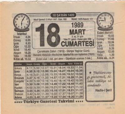 18 Mart 1989 Takvim Yaprağı EFM(N)5866 - 3