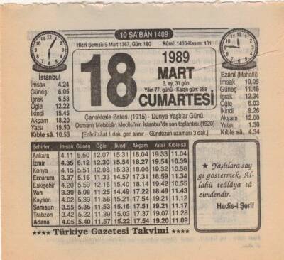 18 Mart 1989 Takvim Yaprağı EFM(N)5866 - 2