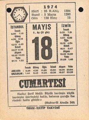 18 Mayıs 1974 Takvim Yaprağı - Doğum Günü Hediyesi EFM(N)12332 - 1