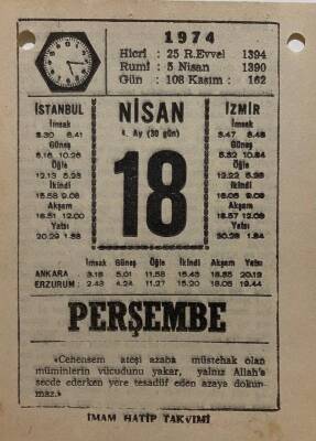 18 Nisan 1974 Takvim Yaprağı - Doğum Günü Hediyesi EFM(N)8175 - 2