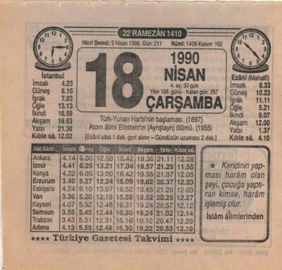 18 Nisan 1990 Takvim Yaprağı EFM(N)6171 - 1