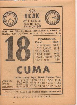 18 Ocak 1974 Takvim Yaprağı EFM(N)4881 - 1